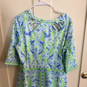 Gretchen Scott Blue Green Printed Shift Dress Cutout Neck Size Large